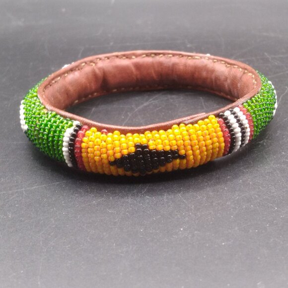 Vintage Leather & Glass Seed Beads Native American Bangle Bracelet - Picture 1 of 4